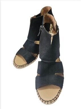 Franco Sarto 9M Black Suede Leather Nola Cut Out Espadrille Wedge Sandal